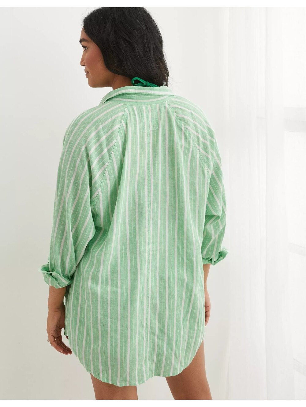 Aerie Women's XS/TP Green White Striped Linen Blend Button-Up Cover Up Shirt - Picture 1 of 8